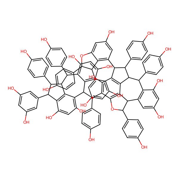 2D Structure of (2R,9S,10S,11S,12S)-12-(3,5-dihydroxyphenyl)-2-[(R)-[(1S,2R,3R,9S,10S,17S)-3-[(2R,3R)-3-(3,5-dihydroxyphenyl)-6-hydroxy-2-(4-hydroxyphenyl)-2,3-dihydro-1-benzofuran-4-yl]-5,13,15-trihydroxy-2,9,17-tris(4-hydroxyphenyl)-8-oxapentacyclo[8.7.2.04,18.07,19.011,16]nonadeca-4(18),5,7(19),11(16),12,14-hexaen-6-yl]-(4-hydroxyphenyl)methyl]-9,11-bis(4-hydroxyphenyl)tetracyclo[8.6.1.03,8.013,17]heptadeca-1(16),3(8),4,6,13(17),14-hexaene-5,7,14,16-tetrol