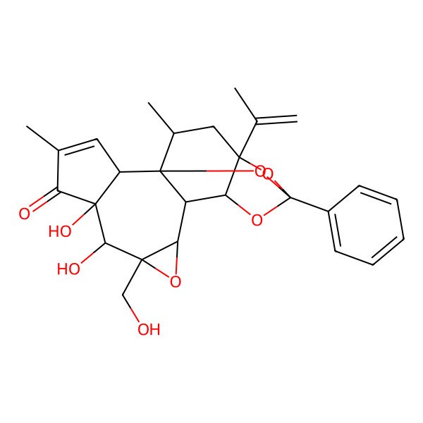 2D Structure of (1R,2R,6S,7S,8R,10S,11S,12R,14S,16R,18R)-6,7-dihydroxy-8-(hydroxymethyl)-4,18-dimethyl-14-phenyl-16-prop-1-en-2-yl-9,13,15,19-tetraoxahexacyclo[12.4.1.01,11.02,6.08,10.012,16]nonadec-3-en-5-one