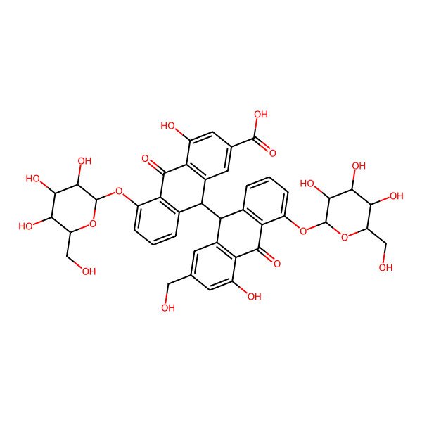 2D Structure of 4-hydroxy-9-[4-hydroxy-2-(hydroxymethyl)-10-oxo-5-[3,4,5-trihydroxy-6-(hydroxymethyl)oxan-2-yl]oxy-9H-anthracen-9-yl]-10-oxo-5-[3,4,5-trihydroxy-6-(hydroxymethyl)oxan-2-yl]oxy-9H-anthracene-2-carboxylic acid