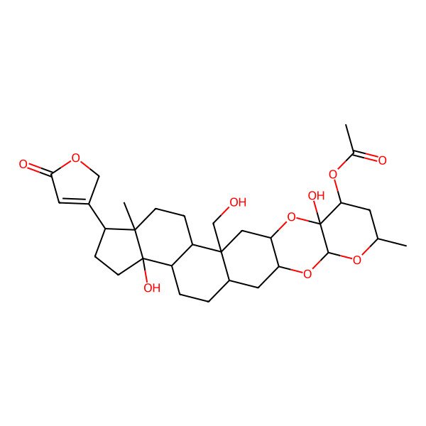 2D Structure of [(1S,3R,5S,7R,9S,10S,12R,14R,15S,18R,19R,22S,23R)-10,22-dihydroxy-14-(hydroxymethyl)-7,18-dimethyl-19-(5-oxo-2H-furan-3-yl)-4,6,11-trioxahexacyclo[12.11.0.03,12.05,10.015,23.018,22]pentacosan-9-yl] acetate