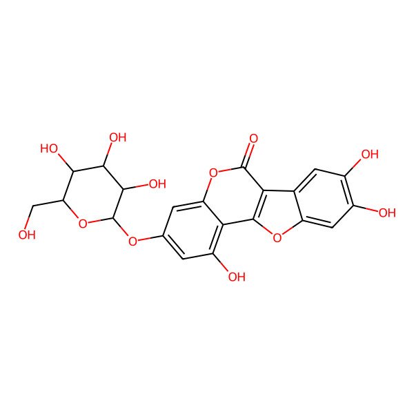 2D Structure of 1,8,9-trihydroxy-3-[(2S,3R,4S,5S,6R)-3,4,5-trihydroxy-6-(hydroxymethyl)oxan-2-yl]oxy-[1]benzofuro[3,2-c]chromen-6-one