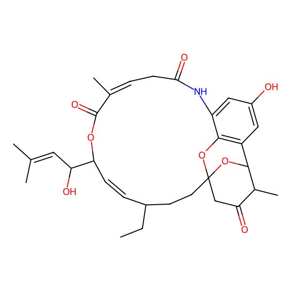 2D Structure of (1S,4R,5E,7S,10Z,20S,21S)-4-ethyl-17-hydroxy-7-[(1S)-1-hydroxy-3-methylbut-2-enyl]-10,21-dimethyl-8,24,26-trioxa-14-azatetracyclo[13.8.2.11,20.019,25]hexacosa-5,10,15,17,19(25)-pentaene-9,13,22-trione