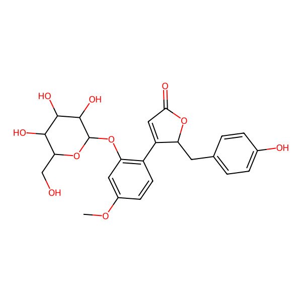 2D Structure of (2S)-2-[(4-hydroxyphenyl)methyl]-3-[4-methoxy-2-[(2S,3R,4S,5S,6R)-3,4,5-trihydroxy-6-(hydroxymethyl)oxan-2-yl]oxyphenyl]-2H-furan-5-one