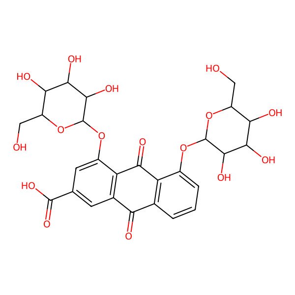 2D Structure of 9,10-dioxo-5-[(2S,3R,4S,5S,6R)-3,4,5-trihydroxy-6-(hydroxymethyl)oxan-2-yl]oxy-4-[(2S,3R,4S,5R,6R)-3,4,5-trihydroxy-6-(hydroxymethyl)oxan-2-yl]oxyanthracene-2-carboxylic acid