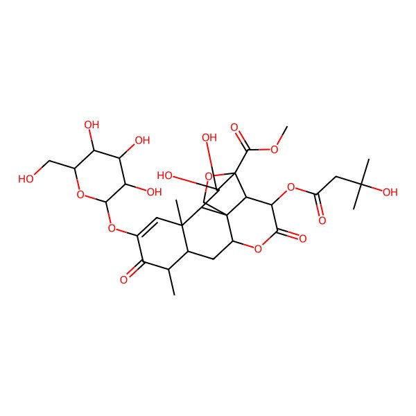 2D Structure of methyl (1R,2S,3R,6R,8S,9S,13S,14R,15R,16S,17R)-15,16-dihydroxy-3-(3-hydroxy-3-methylbutanoyl)oxy-9,13-dimethyl-4,10-dioxo-11-[(2S,3R,4S,5S,6R)-3,4,5-trihydroxy-6-(hydroxymethyl)oxan-2-yl]oxy-5,18-dioxapentacyclo[12.5.0.01,6.02,17.08,13]nonadec-11-ene-17-carboxylate