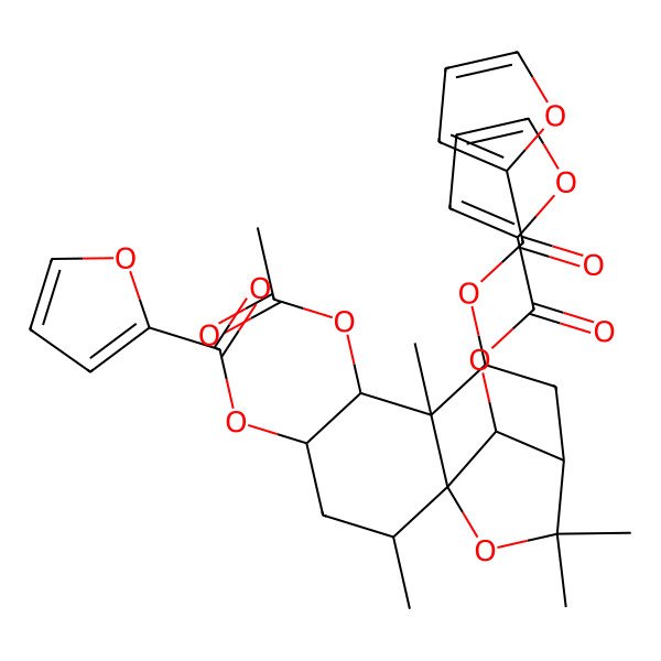 2D Structure of [(1S,2R,4S,5R,6R,7S,9R,12R)-5-acetyloxy-7,12-bis(furan-2-carbonyloxy)-2,6,10,10-tetramethyl-11-oxatricyclo[7.2.1.01,6]dodecan-4-yl] furan-2-carboxylate