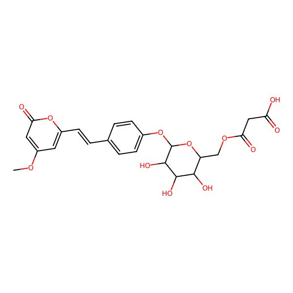 2D Structure of 3-oxo-3-[[(2R,3S,4S,5R,6S)-3,4,5-trihydroxy-6-[4-[(E)-2-(4-methoxy-6-oxopyran-2-yl)ethenyl]phenoxy]oxan-2-yl]methoxy]propanoic acid