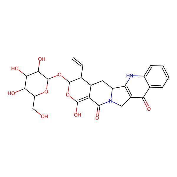 2D Structure of (1S,18R,19R,20S)-19-ethenyl-16-hydroxy-18-[(2S,3R,4S,5S,6R)-3,4,5-trihydroxy-6-(hydroxymethyl)oxan-2-yl]oxy-17-oxa-3,13-diazapentacyclo[11.8.0.02,11.04,9.015,20]henicosa-2(11),4,6,8,15-pentaene-10,14-dione