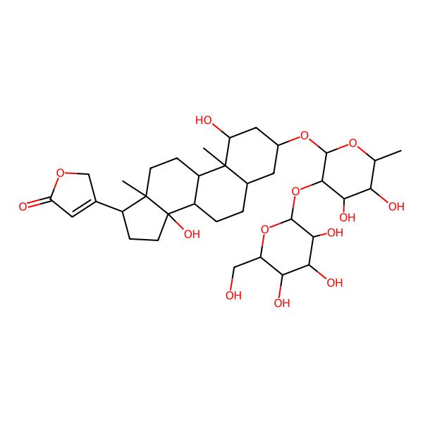 2D Structure of 3-[(1R,3R,5R,8R,10S,13R,14S)-3-[(2R,3R,4R,5S,6S)-4,5-dihydroxy-6-methyl-3-[(2S,3R,4S,5S,6R)-3,4,5-trihydroxy-6-(hydroxymethyl)oxan-2-yl]oxyoxan-2-yl]oxy-1,14-dihydroxy-10,13-dimethyl-1,2,3,4,5,6,7,8,9,11,12,15,16,17-tetradecahydrocyclopenta[a]phenanthren-17-yl]-2H-furan-5-one