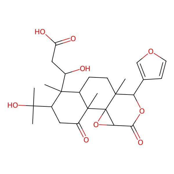 2D Structure of 3-[(1R,2R,5R,6R,7R,10S,11S,14S)-11-(furan-3-yl)-5-(2-hydroxypropan-2-yl)-2,6,10-trimethyl-3,13-dioxo-12,15-dioxatetracyclo[8.5.0.01,14.02,7]pentadecan-6-yl]-3-hydroxypropanoic acid