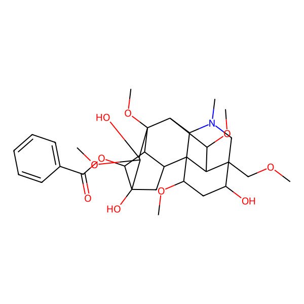2D Structure of [(1S,2R,3R,4R,5R,6S,7S,8R,9R,10R,13R,14R,16S,17S,18R)-5,7,14-trihydroxy-6,8,16,18-tetramethoxy-13-(methoxymethyl)-11-methyl-11-azahexacyclo[7.7.2.12,5.01,10.03,8.013,17]nonadecan-4-yl] benzoate