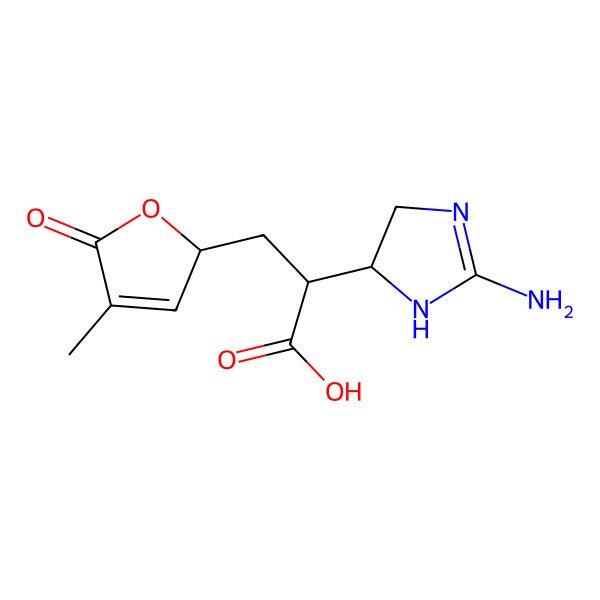 2D Structure of (2R)-2-[(5R)-2-amino-4,5-dihydro-1H-imidazol-5-yl]-3-[(2R)-4-methyl-5-oxo-2H-furan-2-yl]propanoic acid