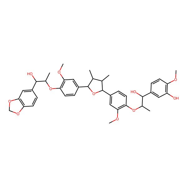2D Structure of 5-[(1R,2R)-2-[4-[(2S,3R,4R,5S)-5-[4-[(1R,2R)-2-(1,3-benzodioxol-5-yl)-2-hydroxy-1-methyl-ethoxy]-3-methoxy-phenyl]-3,4-dimethyl-tetrahydrofuran-2-yl]-2-methoxy-phenoxy]-1-hydroxy-propyl]-2-methoxy-phenol
