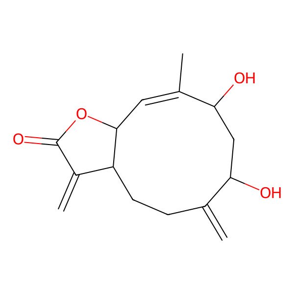 2D Structure of (3aS,7R,9S,10Z,11aR)-7,9-dihydroxy-10-methyl-3,6-dimethylidene-4,5,7,8,9,11a-hexahydro-3aH-cyclodeca[b]furan-2-one