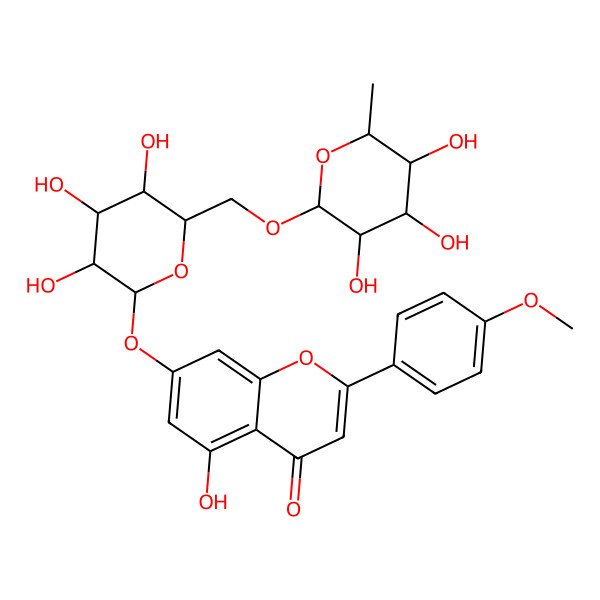 2D Structure of 5-hydroxy-2-(4-methoxyphenyl)-7-[(2S,3R,4S,5S,6R)-3,4,5-trihydroxy-6-[[(2R,3R,4R,5S,6S)-3,4,5-trihydroxy-6-methyloxan-2-yl]oxymethyl]oxan-2-yl]oxychromen-4-one