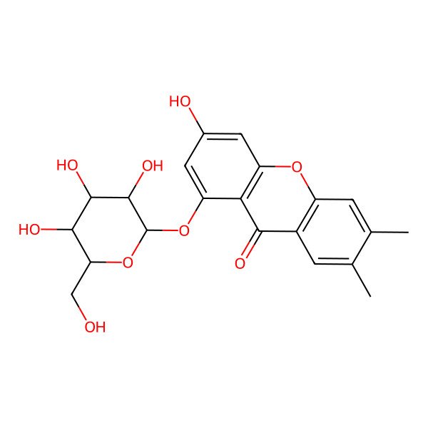 2D Structure of 3-hydroxy-6,7-dimethyl-1-[(2S,3R,4S,5S,6R)-3,4,5-trihydroxy-6-(hydroxymethyl)oxan-2-yl]oxyxanthen-9-one