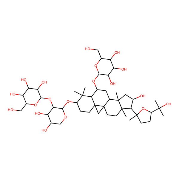 2D Structure of (2R,3R,4S,5S,6R)-2-[[(9S,12S,14S,16R)-6-[(2S,3R,4S,5R)-4,5-dihydroxy-3-[(2S,3R,4S,5S,6R)-3,4,5-trihydroxy-6-(hydroxymethyl)oxan-2-yl]oxyoxan-2-yl]oxy-14-hydroxy-15-[5-(2-hydroxypropan-2-yl)-2-methyloxolan-2-yl]-7,7,12,16-tetramethyl-9-pentacyclo[9.7.0.01,3.03,8.012,16]octadecanyl]oxy]-6-(hydroxymethyl)oxane-3,4,5-triol