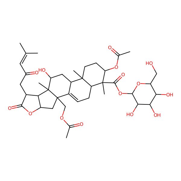2D Structure of (2S,3R,4S,5S,6R)-3,4,5-trihydroxy-6-(hydroxymethyl)oxan-2-yl (2S,4S,7R,8S,9S,10S,12R,13R,16R,17S,18R)-16-(acetyloxy)-2-((acetyloxy)methyl)-10-hydroxy-9,13,17-trimethyl-7-(4-methyl-2-oxopent-3-en-1-yl)-6-oxo-5-oxapentacyclo(10.8.0.0^(2,9).0^(4,8).0^(13,18))icos-1(20)-ene-17-carboxylate 2D Structure of (2S,3R,4S,5S,6R)-3,4,5-trihydroxy-6-(hydroxymethyl)oxan-2-yl (2S,4S,7R,8S,9S,10S,12R,13R,16R,17S,18R)-16-(acetyloxy)-2-((acetyloxy)methyl)-10-hydroxy-9,13,17-trimethyl-7-(4-methyl-2-oxopent-3-en-1-yl)-6-oxo-5-oxapentacyclo(10.8.0.0^(2,9).0^(4,8).0^(13,18))icos-1(20)-ene-17-carboxylate