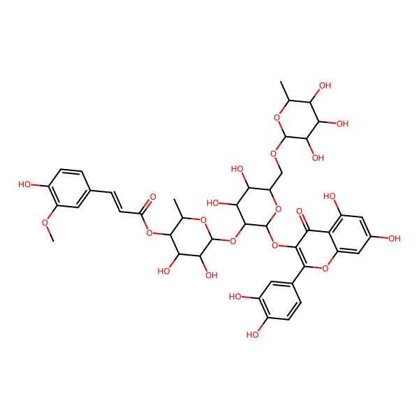 2D Structure of 5,7,3',4'-Tetrahydroxyflavone-3-yl 2-O-[4-O-(3-methoxy-4-hydroxy-trans-cinnamoyl)-alpha-L-rhamnopyranosyl]-6-O-(alpha-L-rhamnopyranosyl)-beta-D-glucopyranoside