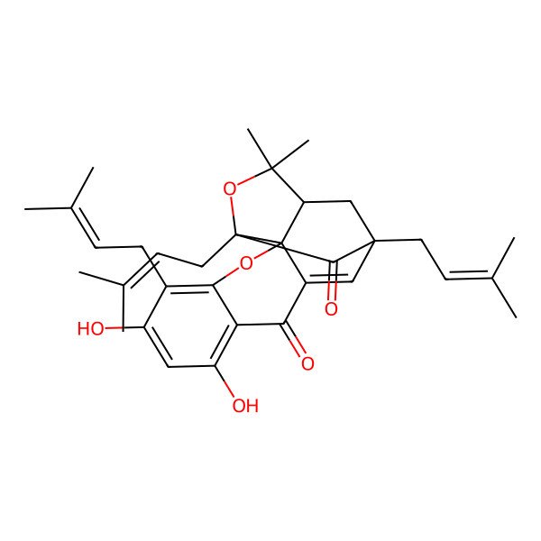 2D Structure of (1S,2S,13S,15R)-6,8-dihydroxy-17,17-dimethyl-5,13,15-tris(3-methylbut-2-enyl)-3,16-dioxapentacyclo[11.4.1.02,11.02,15.04,9]octadeca-4,6,8,11-tetraene-10,14-dione
