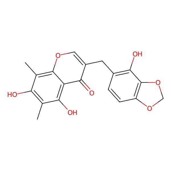 2D Structure of 5,7-Dihydroxy-3-(4-hydroxy-1,3-benzodioxole-5-ylmethyl)-6,8-dimethyl-4H-1-benzopyran-4-one