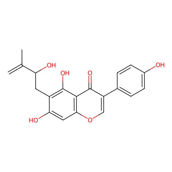 2D Structure of 5,7-dihydroxy-6-[(2R)-2-hydroxy-3-methylbut-3-enyl]-3-(4-hydroxyphenyl)chromen-4-one