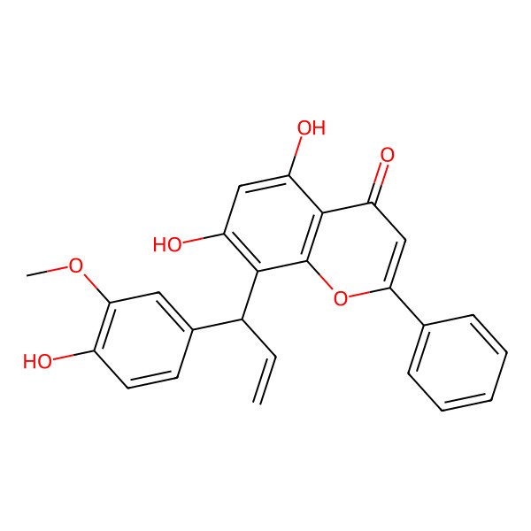 2D Structure of 5,7-dihydroxy-8-[(1R)-1-(4-hydroxy-3-methoxyphenyl)prop-2-enyl]-2-phenylchromen-4-one