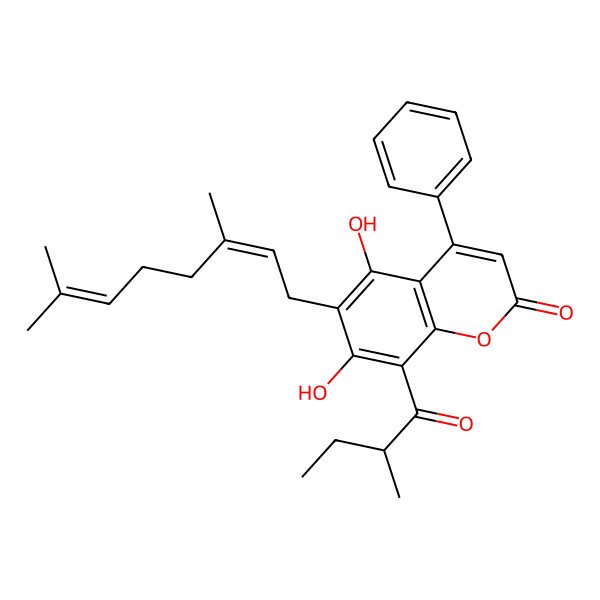 2D Structure of 6-[(2E)-3,7-dimethylocta-2,6-dienyl]-5,7-dihydroxy-8-(2-methylbutanoyl)-4-phenylchromen-2-one
