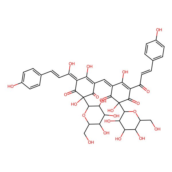 2D Structure of 4-Cyclohexene-1,3-dione, 6-beta-D-glucopyranosyl-2-[[3-beta-D-glucopyranosyl-2,3,4-trihydroxy-5-[3-(4-hydroxyphenyl)-1-oxo-2-propenyl]-6-oxo-1,4-cyclohexadien-1-yl]methylene]-5,6-dihydroxy-4-[3-(4-hydroxyphenyl)-1-oxo-2-propenyl]-