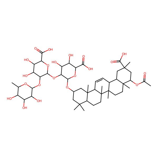 2D Structure of (2S,3S,4S,5R,6R)-6-[[(2R,6aR,8aR,9R,11R,14bS)-9-acetyloxy-11-carboxy-4,4,6a,6b,8a,11,14b-heptamethyl-1,2,3,4a,5,6,6a,7,8,9,10,12,12a,14a-tetradecahydropicen-2-yl]oxy]-5-[(2R,3R,4S,5S,6S)-6-carboxy-4,5-dihydroxy-3-[(2S,3R,4R,5R,6S)-3,4,5-trihydroxy-6-methyloxan-2-yl]oxyoxan-2-yl]oxy-3,4-dihydroxyoxane-2-carboxylic acid