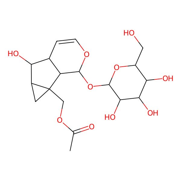 2D Structure of [(1S,2R,5S,6R,10S)-5-hydroxy-10-[(2S,3R,4S,5S,6R)-3,4,5-trihydroxy-6-(hydroxymethyl)oxan-2-yl]oxy-9-oxatricyclo[4.4.0.02,4]dec-7-en-2-yl]methyl acetate
