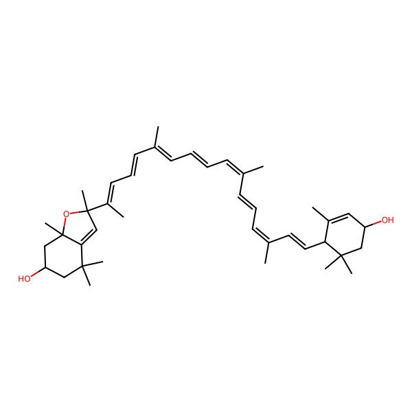2D Structure of (2R,6S,7aR)-2-[(2E,4E,6E,8E,10E,12E,14E,16E)-17-[(1R,4R)-4-hydroxy-2,6,6-trimethylcyclohex-2-en-1-yl]-6,11,15-trimethylheptadeca-2,4,6,8,10,12,14,16-octaen-2-yl]-2,4,4,7a-tetramethyl-6,7-dihydro-5H-1-benzofuran-6-ol