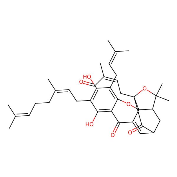 2D Structure of (E)-4-[(2S,13S)-7-[(2E)-3,7-dimethylocta-2,6-dienyl]-6,8-dihydroxy-17,17-dimethyl-5-(3-methylbut-2-enyl)-10,14-dioxo-3,16-dioxapentacyclo[11.4.1.02,11.02,15.04,9]octadeca-4,6,8,11-tetraen-15-yl]-2-methylbut-2-enal