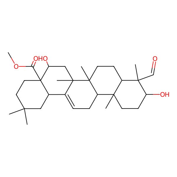 2D Structure of Methyl 9-formyl-5,10-dihydroxy-2,2,6a,6b,9,12a-hexamethyl-1,3,4,5,6,6a,7,8,8a,10,11,12,13,14b-tetradecahydropicene-4a-carboxylate