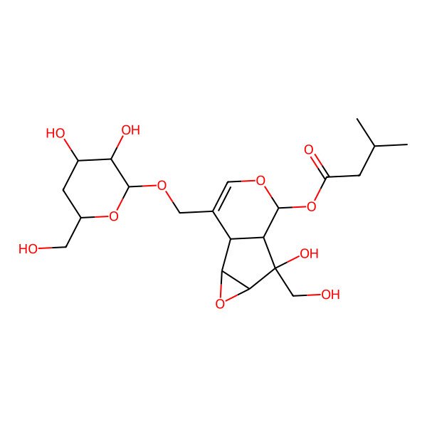 2D Structure of [(1S,5S,6S,7S)-10-[[(2R,3R,4S,6S)-3,4-dihydroxy-6-(hydroxymethyl)oxan-2-yl]oxymethyl]-5-hydroxy-5-(hydroxymethyl)-3,8-dioxatricyclo[4.4.0.02,4]dec-9-en-7-yl] 3-methylbutanoate