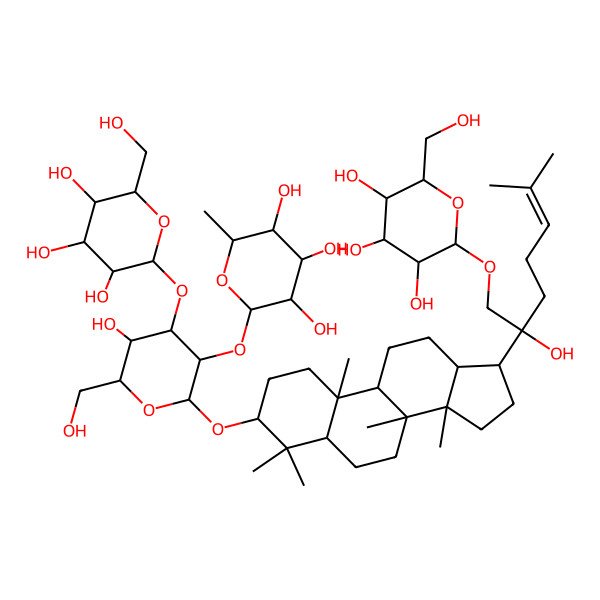 2D Structure of (2S,3R,4R,5R,6S)-2-[(2R,3R,4S,5R,6R)-5-hydroxy-6-(hydroxymethyl)-2-[[(3S,5R,8R,9R,10R,13R,14R,17S)-17-[(2S)-2-hydroxy-6-methyl-1-[(2S,3R,4S,5S,6R)-3,4,5-trihydroxy-6-(hydroxymethyl)oxan-2-yl]oxyhept-5-en-2-yl]-4,4,8,10,14-pentamethyl-2,3,5,6,7,9,11,12,13,15,16,17-dodecahydro-1H-cyclopenta[a]phenanthren-3-yl]oxy]-4-[(2S,3R,4S,5S,6R)-3,4,5-trihydroxy-6-(hydroxymethyl)oxan-2-yl]oxyoxan-3-yl]oxy-6-methyloxane-3,4,5-triol