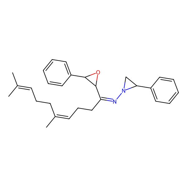 2D Structure of [5,9-Dimethyl-1-(3-phenyl-oxiran-2-yl)-deca-4,8-dienylidene]-(2-phenyl-aziridin-1-yl)-amine