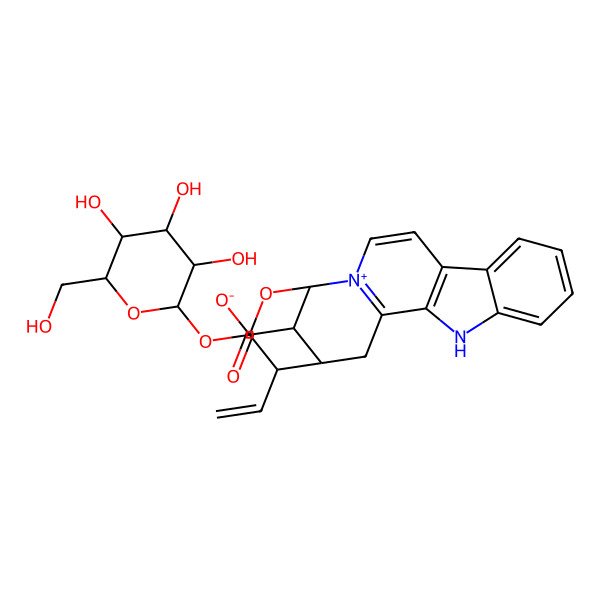 2D Structure of (1R,16S,17R,18S,20R)-17-ethenyl-18-[(2S,3R,4S,5S,6R)-3,4,5-trihydroxy-6-(hydroxymethyl)oxan-2-yl]oxy-19-oxa-12-aza-2-azoniapentacyclo[14.3.1.02,14.05,13.06,11]icosa-2(14),3,5(13),6,8,10-hexaene-20-carboxylate