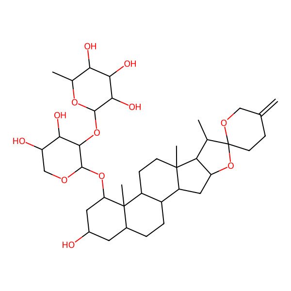 2D Structure of (2S,3R,4R,5R,6S)-2-[(2S,3R,4S,5R)-4,5-dihydroxy-2-[(1S,2S,4S,6R,7S,8R,9S,12S,13S,14S,16S,18S)-16-hydroxy-7,9,13-trimethyl-5'-methylidenespiro[5-oxapentacyclo[10.8.0.02,9.04,8.013,18]icosane-6,2'-oxane]-14-yl]oxyoxan-3-yl]oxy-6-methyloxane-3,4,5-triol