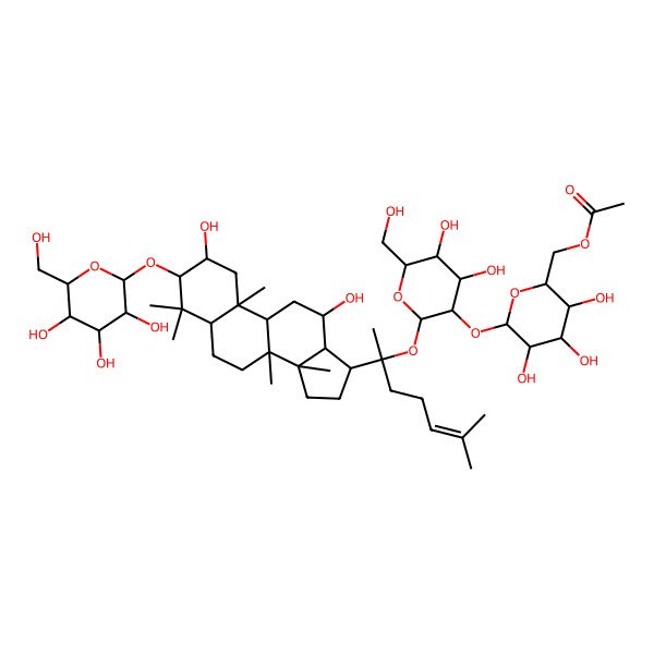 2D Structure of [(2R,3S,4S,5R,6S)-6-[(2S,3R,4S,5S,6R)-2-[(2S)-2-[(2R,3R,5R,8R,9R,10R,12R,13R,14R,17S)-2,12-dihydroxy-4,4,8,10,14-pentamethyl-3-[(2R,3R,4S,5S,6R)-3,4,5-trihydroxy-6-(hydroxymethyl)oxan-2-yl]oxy-2,3,5,6,7,9,11,12,13,15,16,17-dodecahydro-1H-cyclopenta[a]phenanthren-17-yl]-6-methylhept-5-en-2-yl]oxy-4,5-dihydroxy-6-(hydroxymethyl)oxan-3-yl]oxy-3,4,5-trihydroxyoxan-2-yl]methyl acetate