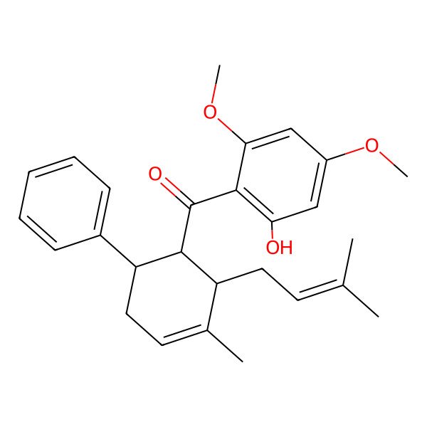 2D Structure of (2-hydroxy-4,6-dimethoxyphenyl)-[(1R,2S,6R)-3-methyl-2-(3-methylbut-2-enyl)-6-phenylcyclohex-3-en-1-yl]methanone