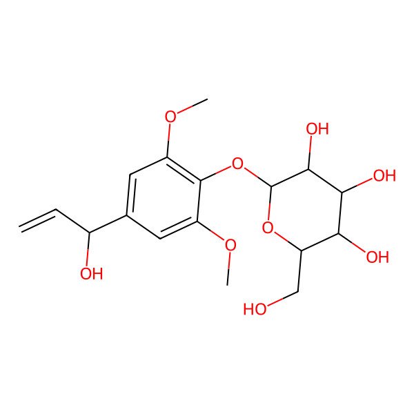 2D Structure of (2R,3S,4S,5R,6S)-2-(hydroxymethyl)-6-[4-(1-hydroxyprop-2-enyl)-2,6-dimethoxyphenoxy]oxane-3,4,5-triol