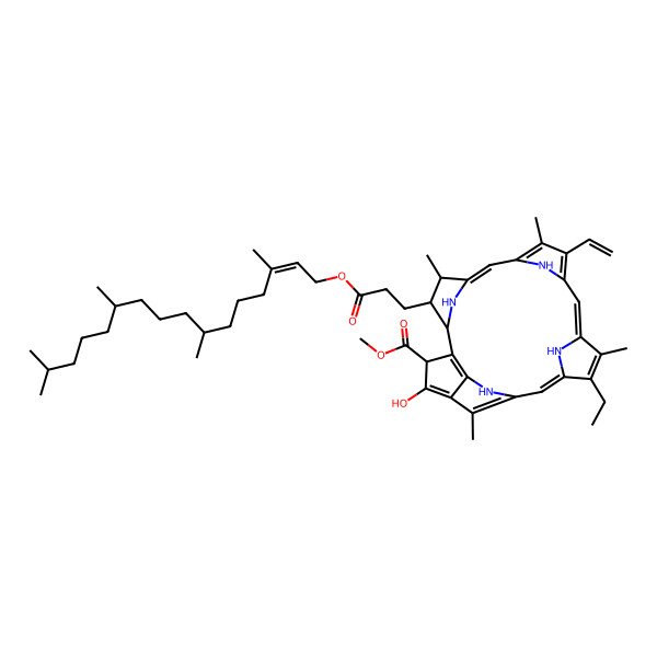 2D Structure of methyl (3R,9Z,13Z,19Z,21S,22S)-16-ethenyl-11-ethyl-4-hydroxy-12,17,21,26-tetramethyl-22-[3-oxo-3-[(Z,7R,11R)-3,7,11,15-tetramethylhexadec-2-enoxy]propyl]-7,23,24,25-tetrazahexacyclo[18.2.1.15,8.110,13.115,18.02,6]hexacosa-2(6),4,8(26),9,11,13,15,17,19-nonaene-3-carboxylate