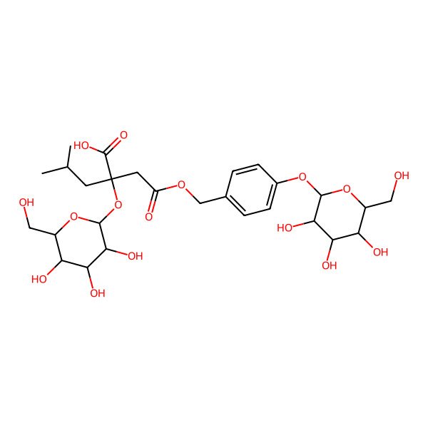2D Structure of (3R)-3-Isobutyl-3-(beta-D-glucopyranosyloxy)butanedioic acid 1-[4-(beta-D-glucopyranosyloxy)benzyl] ester