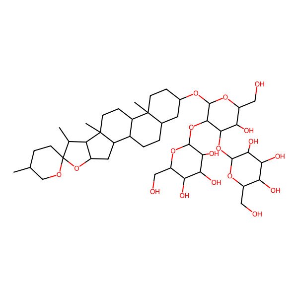 2D Structure of (2S,3R,4S,5S,6R)-2-[(2R,3R,4S,5R,6R)-3-hydroxy-2-(hydroxymethyl)-6-[(1R,2S,4S,5'R,6R,7S,8R,9S,12S,13S,16S,18R)-5',7,9,13-tetramethylspiro[5-oxapentacyclo[10.8.0.02,9.04,8.013,18]icosane-6,2'-oxane]-16-yl]oxy-5-[(2S,3R,4S,5S,6R)-3,4,5-trihydroxy-6-(hydroxymethyl)oxan-2-yl]oxyoxan-4-yl]oxy-6-(hydroxymethyl)oxane-3,4,5-triol