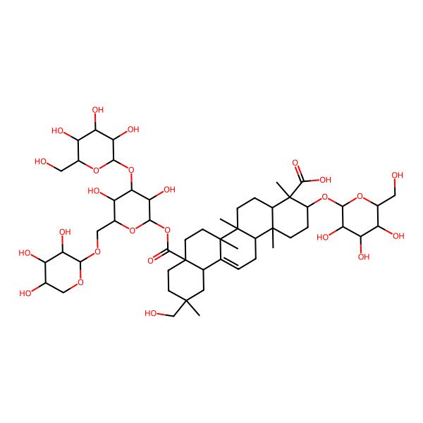 2D Structure of 8a-[(2S,3R,4S,5R,6R)-3,5-dihydroxy-4-[(2S,3R,4S,5S,6R)-3,4,5-trihydroxy-6-(hydroxymethyl)oxan-2-yl]oxy-6-[[(2S,3R,4S,5R)-3,4,5-trihydroxyoxan-2-yl]oxymethyl]oxan-2-yl]oxycarbonyl-11-(hydroxymethyl)-4,6a,6b,11,14b-pentamethyl-3-[(2S,3R,4S,5S,6R)-3,4,5-trihydroxy-6-(hydroxymethyl)oxan-2-yl]oxy-1,2,3,4a,5,6,7,8,9,10,12,12a,14,14a-tetradecahydropicene-4-carboxylic acid