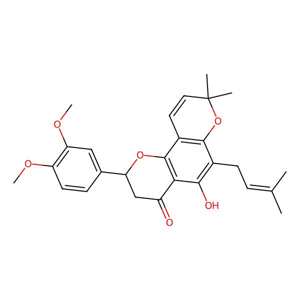2D Structure of (2S)-6-(gamma,gamma-dimethylallyl)-5-hydroxy-3',4'-dimethoxy-6'',6''-dimethylpyran[2'',3'':7,8]flavanone