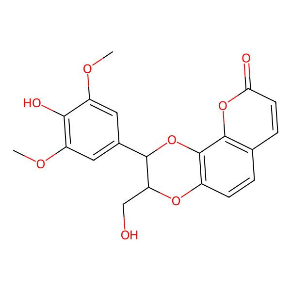 2D Structure of (2S)-2,3-Dihydro-2beta-(4-hydroxy-3,5-dimethoxyphenyl)-3alpha-(hydroxymethyl)-9H-pyrano[2,3-f]-1,4-benzodioxin-9-one