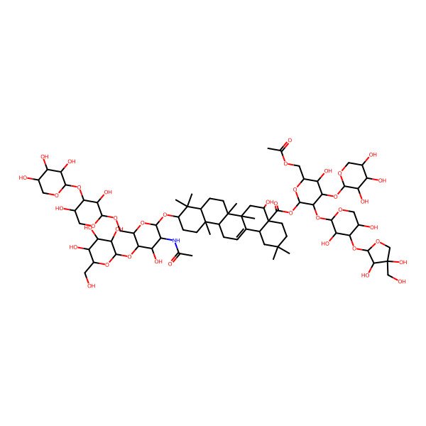 2D Structure of [(2S,3R,4S,5R,6R)-6-(acetyloxymethyl)-3-[(2S,3R,4S,5R)-4-[(2S,3R,4R)-3,4-dihydroxy-4-(hydroxymethyl)oxolan-2-yl]oxy-3,5-dihydroxyoxan-2-yl]oxy-5-hydroxy-4-[(2S,3R,4S,5R)-3,4,5-trihydroxyoxan-2-yl]oxyoxan-2-yl] (4aR,5R,6aR,6aS,6bR,8aR,10S,12aR,14bS)-10-[(2R,3R,4R,5S,6R)-3-acetamido-6-[[(2S,3R,4S,5S)-3,5-dihydroxy-4-[(2S,3R,4S,5S)-3,4,5-trihydroxyoxan-2-yl]oxyoxan-2-yl]oxymethyl]-4-hydroxy-5-[(2S,3R,4S,5S,6R)-3,4,5-trihydroxy-6-(hydroxymethyl)oxan-2-yl]oxyoxan-2-yl]oxy-5-hydroxy-2,2,6a,6b,9,9,12a-heptamethyl-1,3,4,5,6,6a,7,8,8a,10,11,12,13,14b-tetradecahydropicene-4a-carboxylate