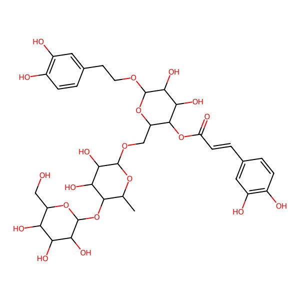 2D Structure of [(2R,3S,4R,5R,6R)-2-[[(2R,3R,4S,5R,6S)-3,4-dihydroxy-6-methyl-5-[(2S,3R,4S,5S,6R)-3,4,5-trihydroxy-6-(hydroxymethyl)oxan-2-yl]oxyoxan-2-yl]oxymethyl]-6-[2-(3,4-dihydroxyphenyl)ethoxy]-4,5-dihydroxyoxan-3-yl] (E)-3-(3,4-dihydroxyphenyl)prop-2-enoate